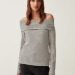 او في اس توب بأكمام طويلة مخطط - Cream/black