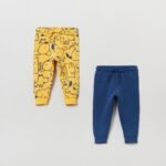 OVS Boys Jogger Pants (2-Pack) – Cartoon Print & Solid Cotton Sweatpants (Yellow & Blue)