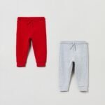 OVS Boys Jogger Pants (2-Pack) – Solid Cotton Sweatpants (Red & Grey)