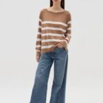 او في اس تي شيرت راغلان مخطط - Brown/white Stripe