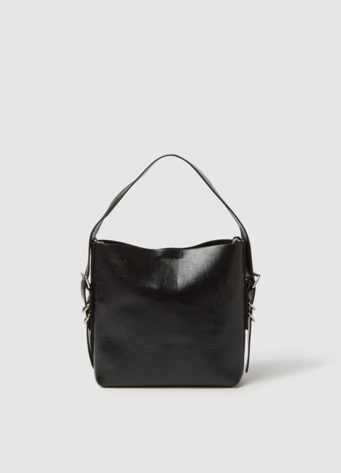 Black faux leather bucket bag for online fashion shopping in Iraq