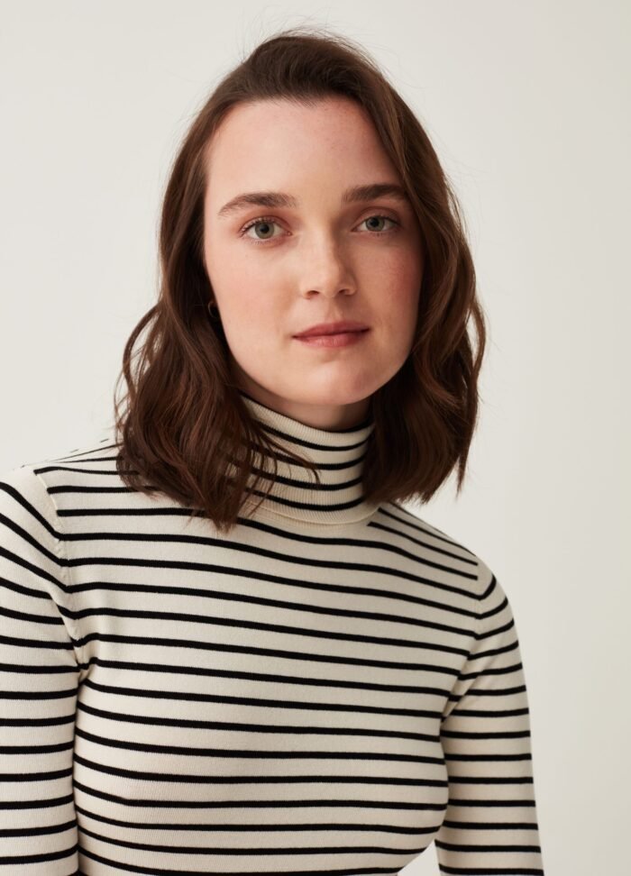 Women's Striped Turtleneck – Cream & Black - Image 2