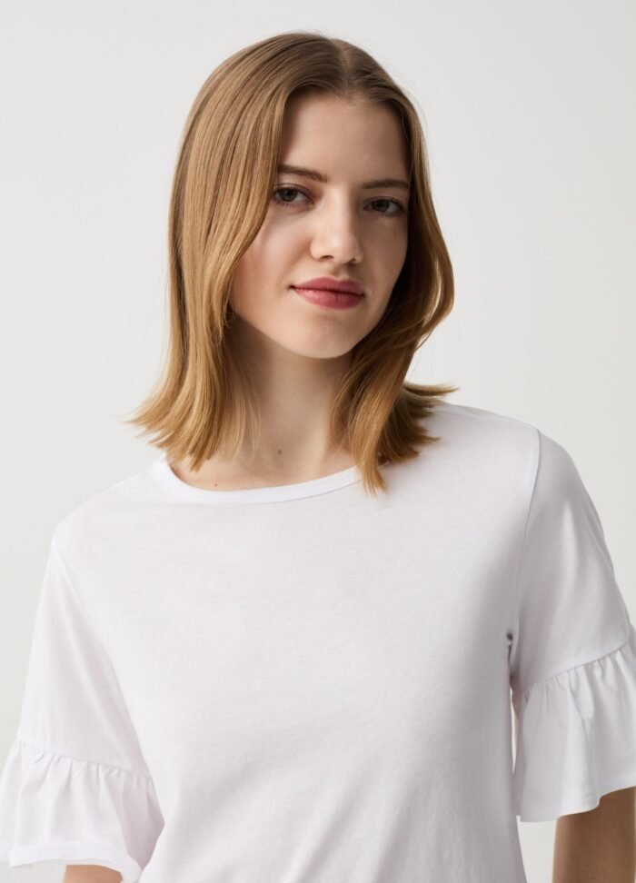 ⁦Women's Ruffle-Sleeve T-Shirt – White⁩ - الصورة ⁦2⁩