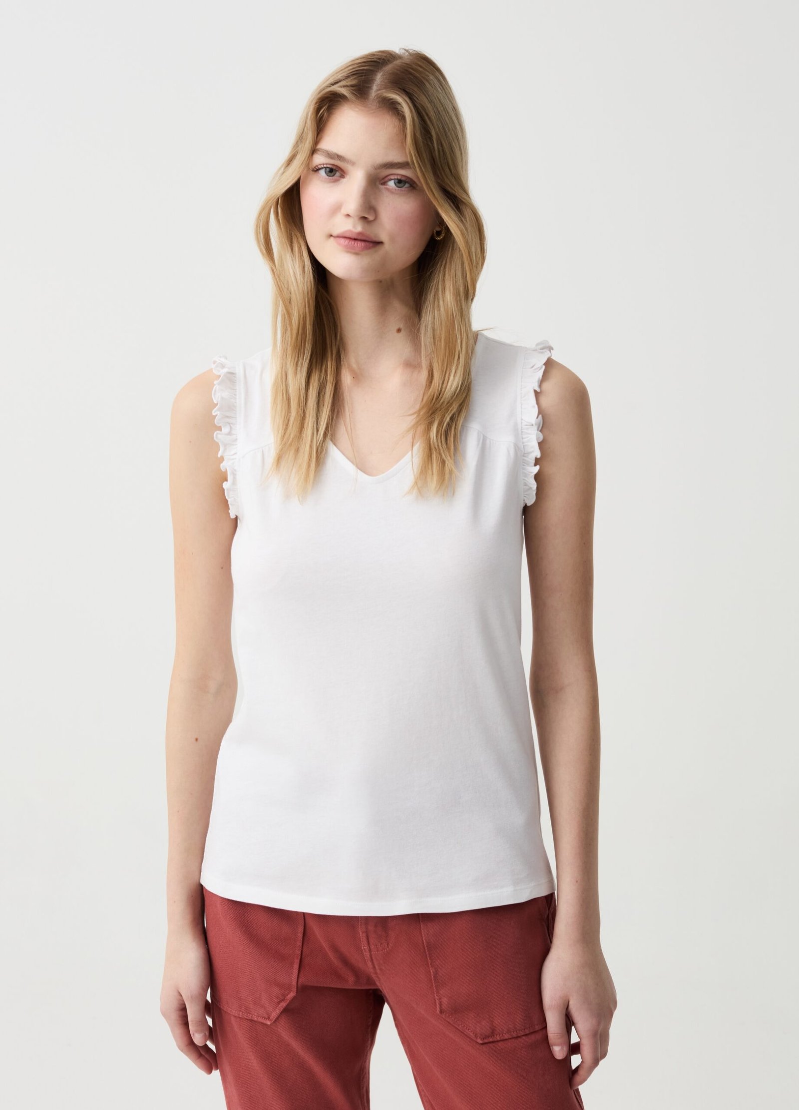 12900141.jpg Women's Ruffle Tank Top – White - Image 1