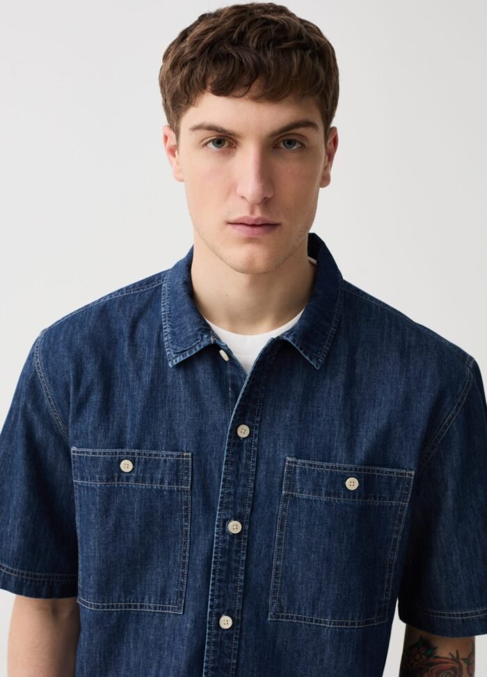⁦Men's Denim Shirt – Medium Blue⁩ - الصورة ⁦2⁩