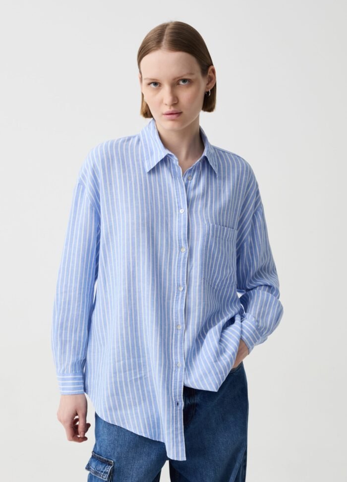 ⁦Women's Striped Linen-Blend Top – Light Stripe⁩ - الصورة ⁦2⁩