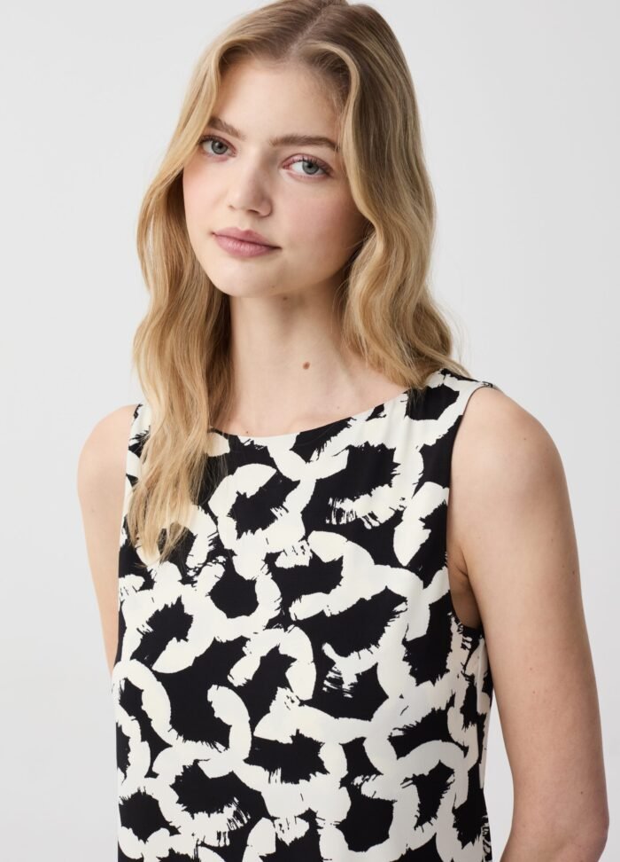 ⁦Women's Printed Tank Dress – Black & White⁩ - الصورة ⁦2⁩