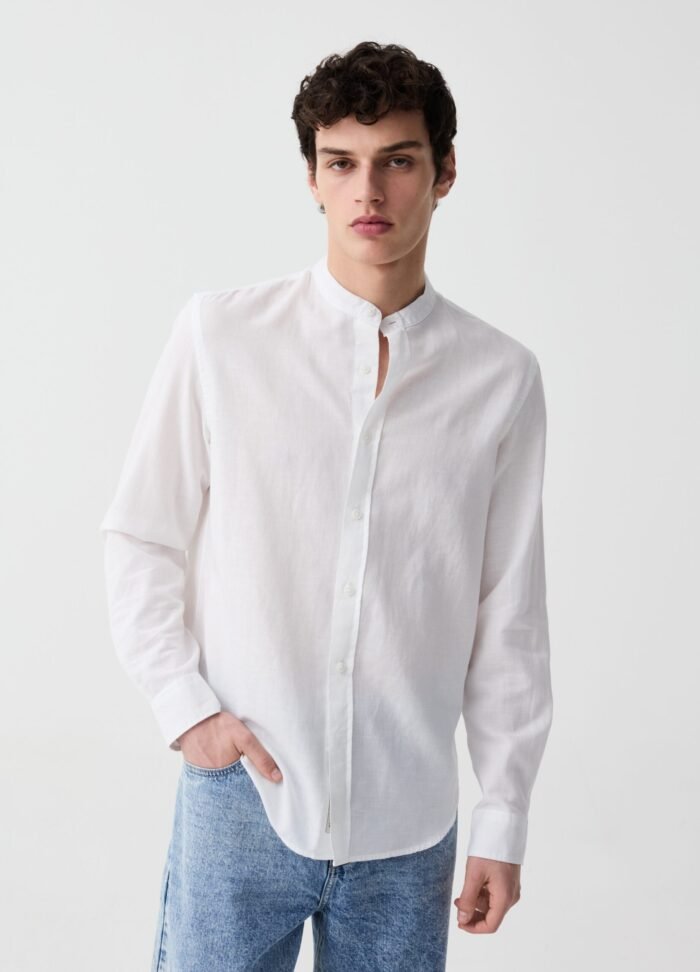⁦Men's Linen-Blend Shirt – White⁩ - الصورة ⁦2⁩