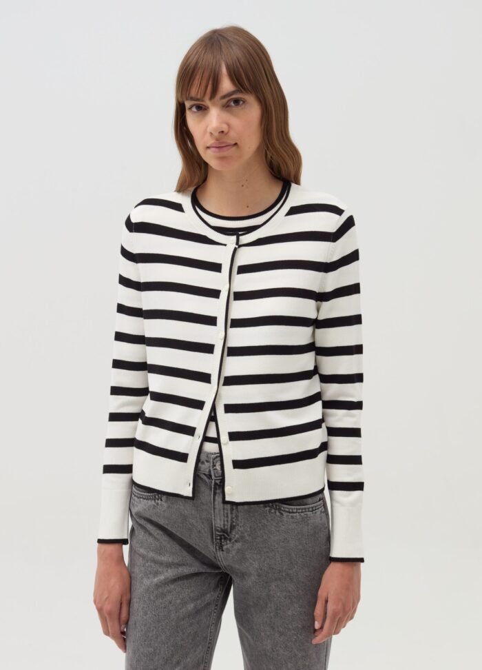 ⁦Women's Striped Cardigan – White & Black⁩ - الصورة ⁦2⁩
