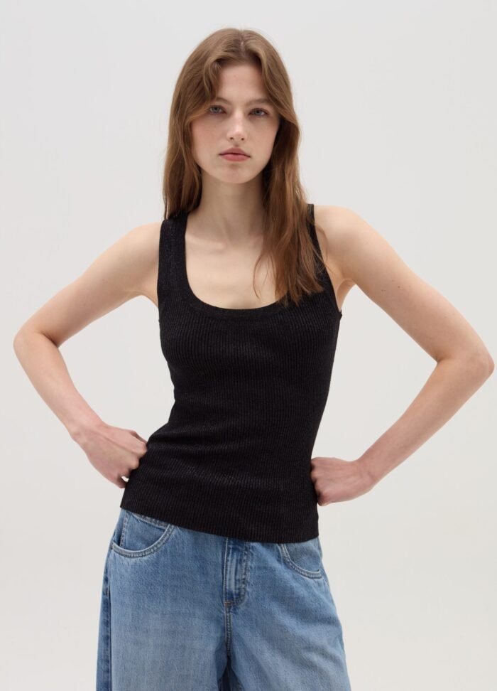 ⁦Women's Lurex Ribbed Top – Black⁩ - الصورة ⁦2⁩