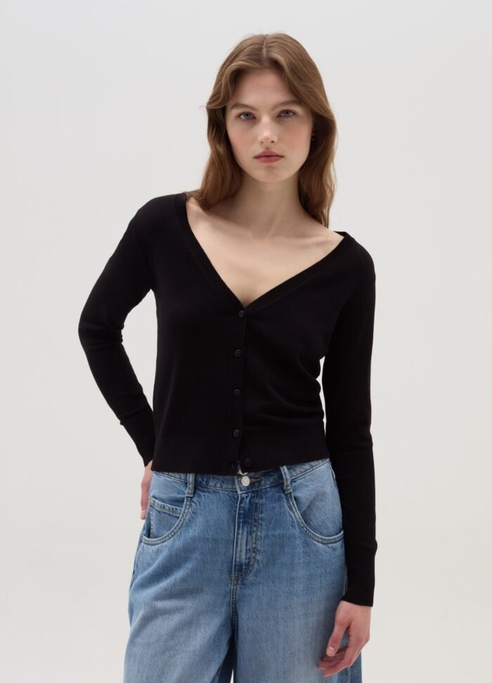 ⁦Women's V-Neck Knit Top – Black⁩ - الصورة ⁦2⁩