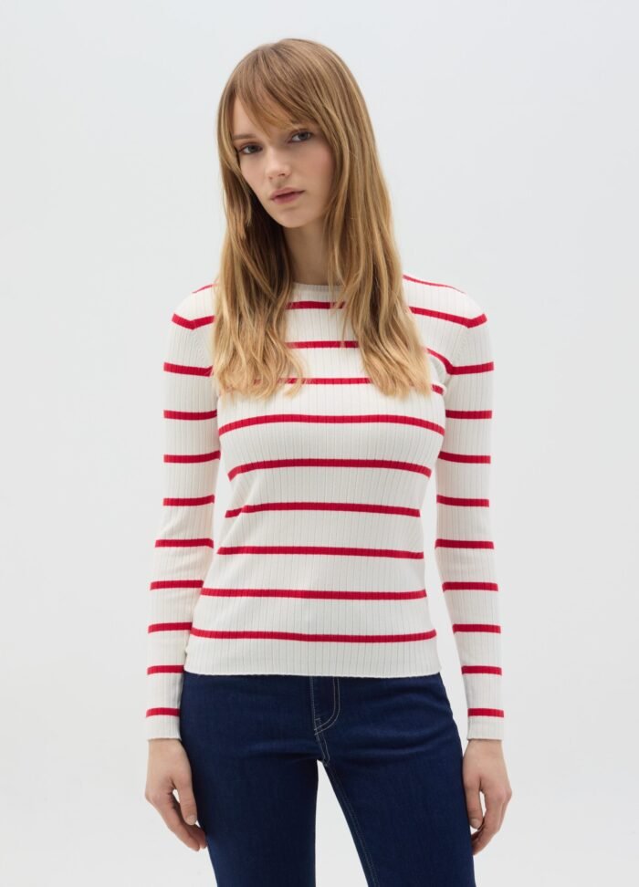 ⁦Women's Striped Ribbed Knit Top – White & Pink⁩ - الصورة ⁦2⁩