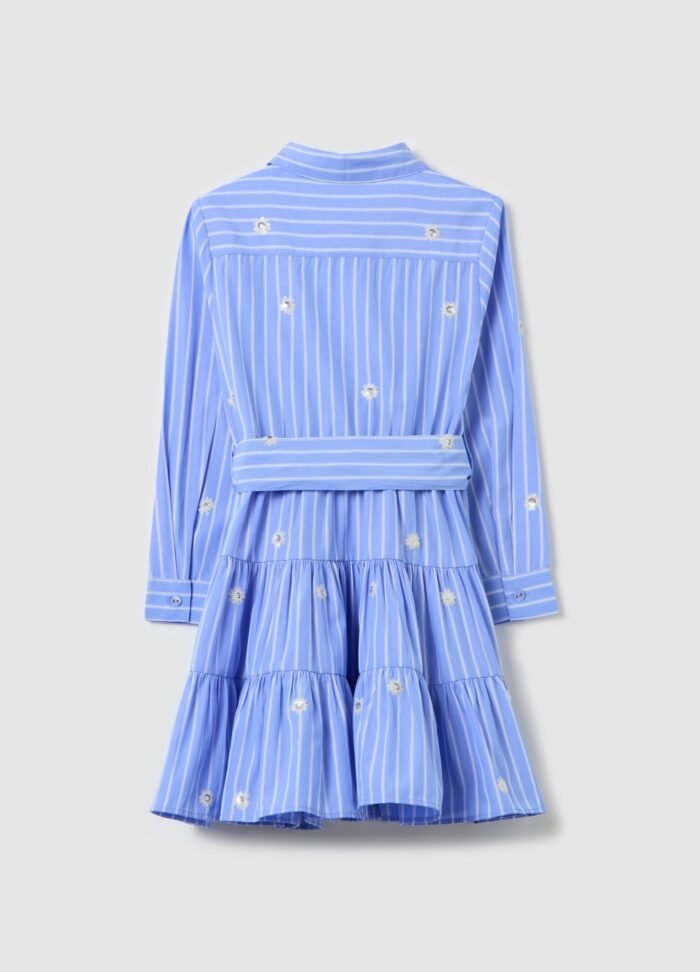 ⁦Girls' Striped Dress – White & Light Blue⁩ - الصورة ⁦2⁩