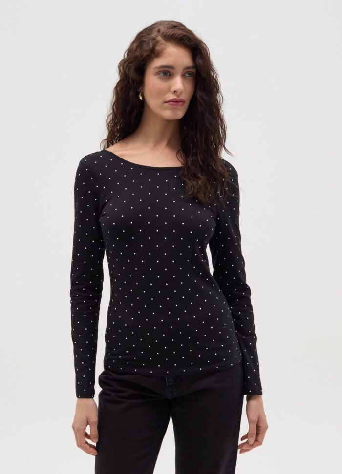 ⁦Women's Stretch Long-Sleeve Top – Black & White⁩ - الصورة ⁦2⁩
