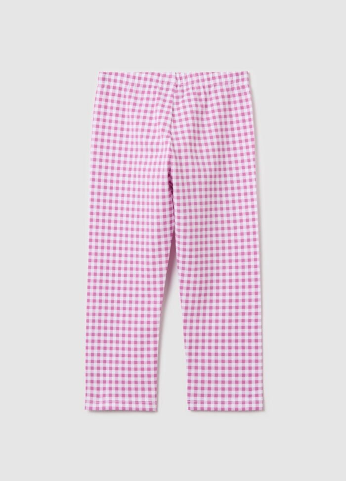 Girls' Checked Cropped Leggings – White & Pink - Image 2