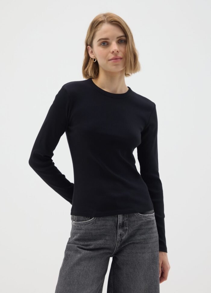 Women's Ribbed Long-Sleeve Top – Black - Image 2