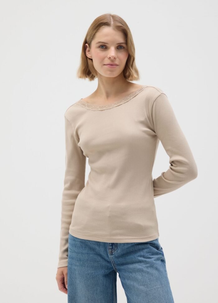 Women's Lace-Trim Long-Sleeve Top – Cement Grey - Image 2