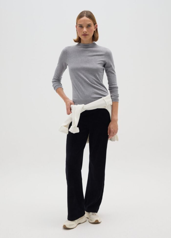 Women's grey melange mock-neck jersey top – detail view | Halla Fashion