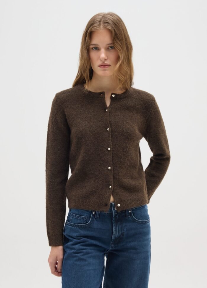 Women's brown melange wool-blend round-neck sweater – detail view | Halla Fashion