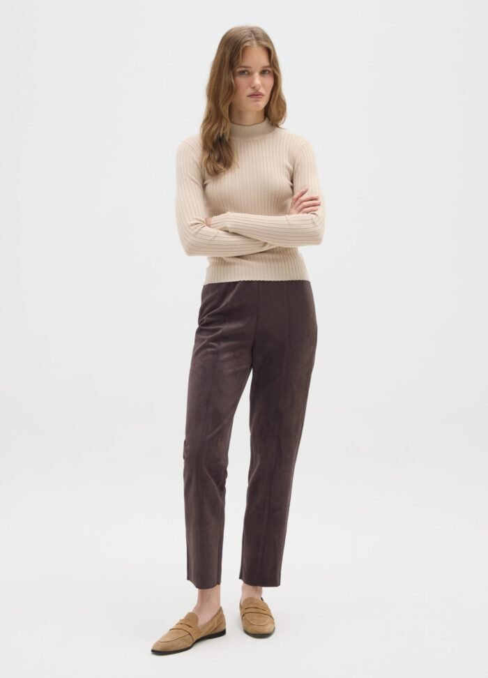 Women's beige ribbed knit mock-neck top – detail view | Halla Fashion