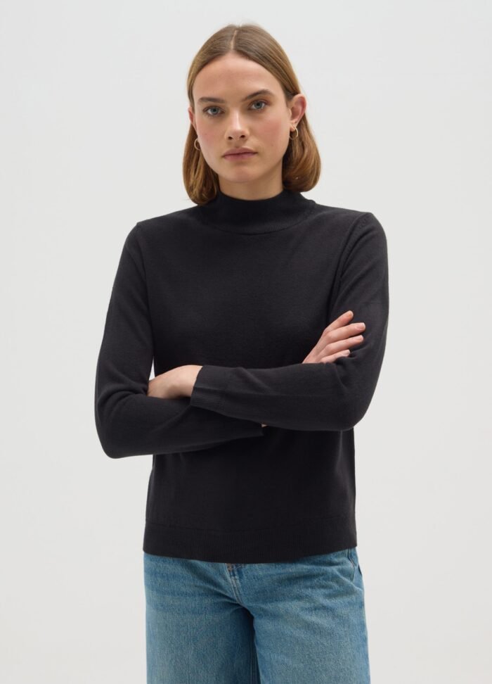 Women's black mock-neck knit sweater – detail view | Halla Fashion