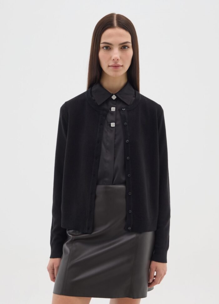Women's black acrylic knit cardigan – detail view | Halla Fashion