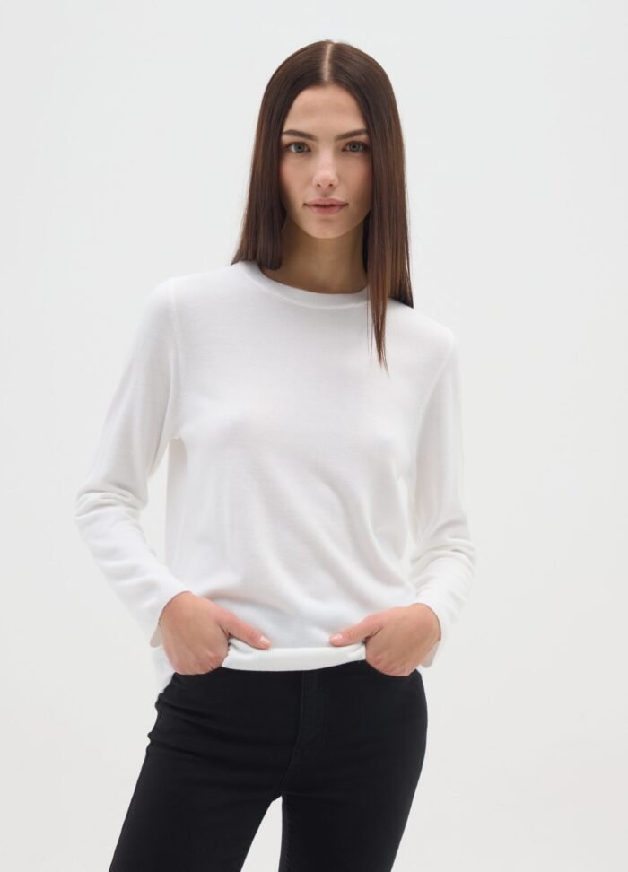 Women's off white acrylic knit sweater – detail view | Halla Fashion
