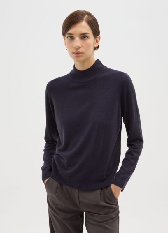 Women's navy blue mock-neck knit sweater – detail view | Halla Fashion