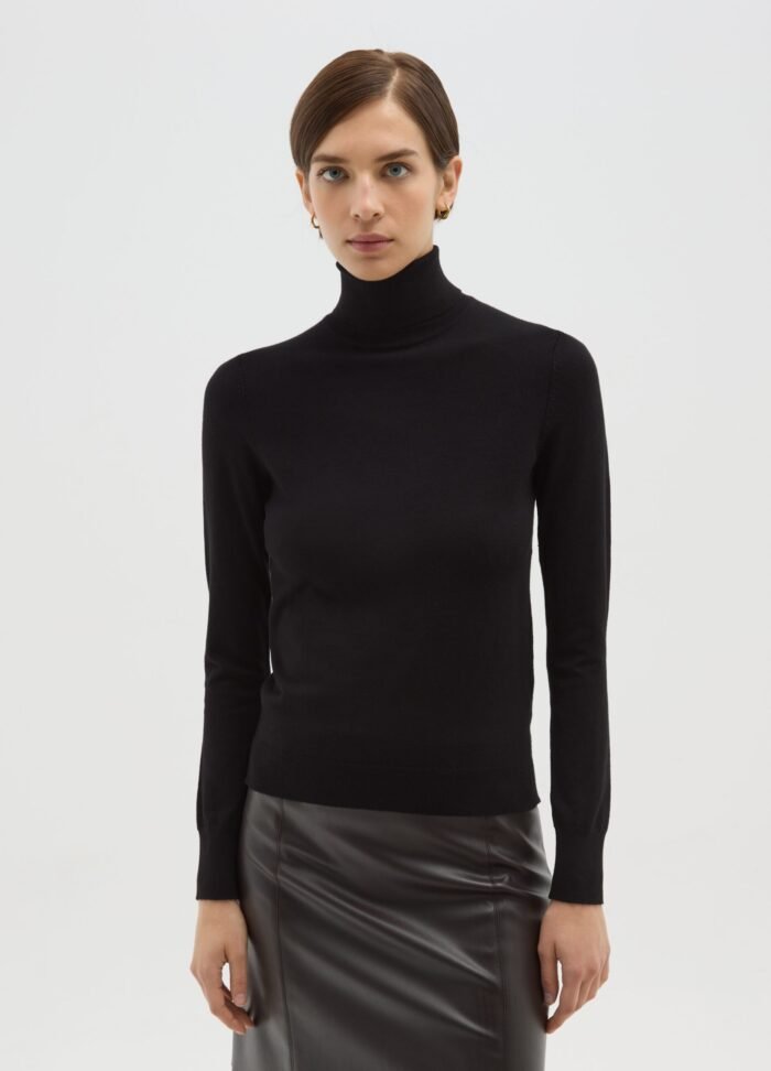 Women's black viscose-blend turtleneck – detail view | Halla Fashion