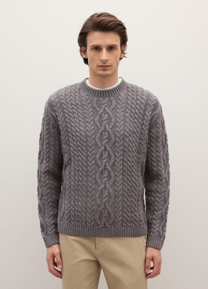 Men's grey melange acrylic-wool sweater – detail view | Halla Fashion