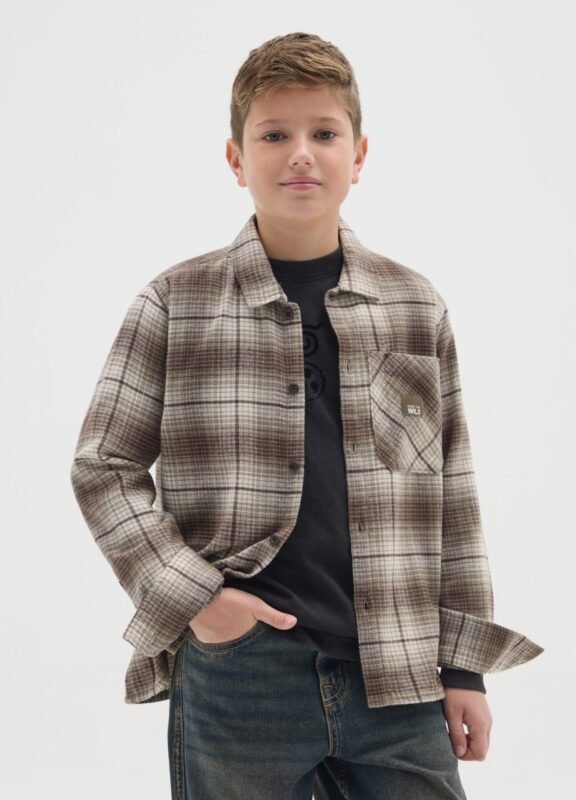 Boys' brown checked cotton shirt – front view | Halla Fashion