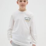 Boys' printed and embroidered t-shirt in white – front view | Halla Fashion