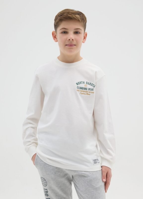 Boys' printed and embroidered t-shirt in white – front view | Halla Fashion