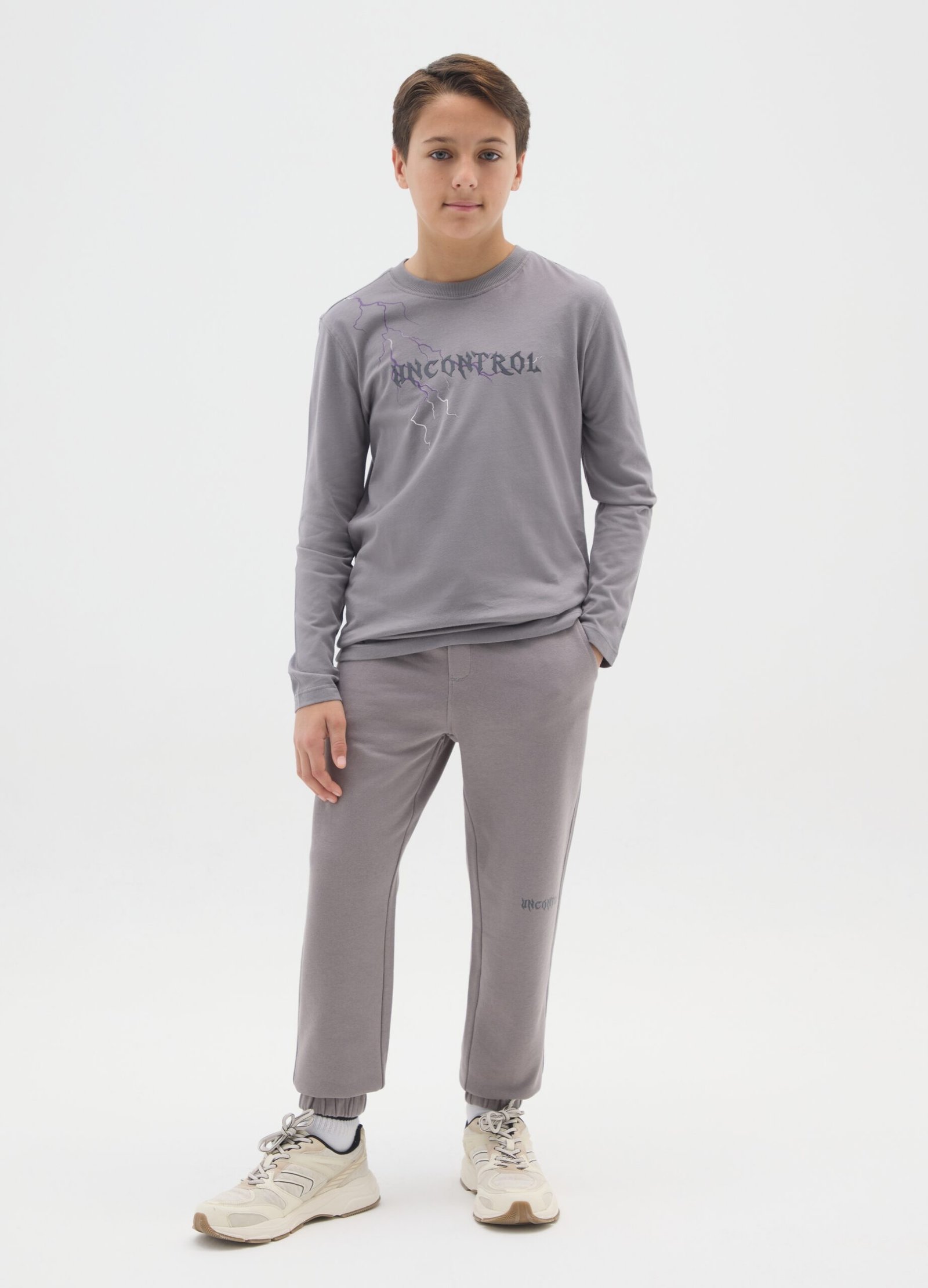 Boys' Cotton Joggers – Grey 1 Boys' grey cotton joggers – front view | Halla Fashion